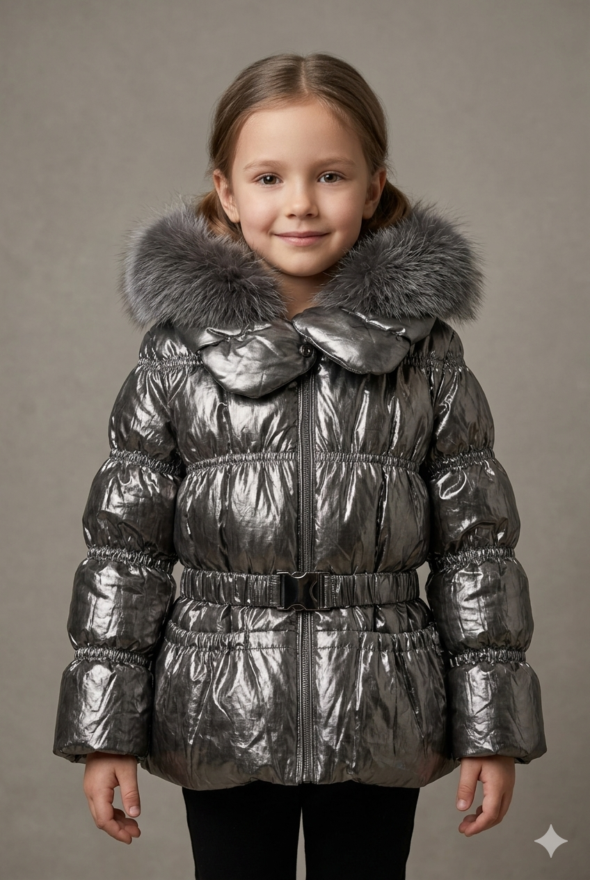 Jaqueta Infantil Puffer Metalizada com Cinto e Capuz de Pelo Miss Grant