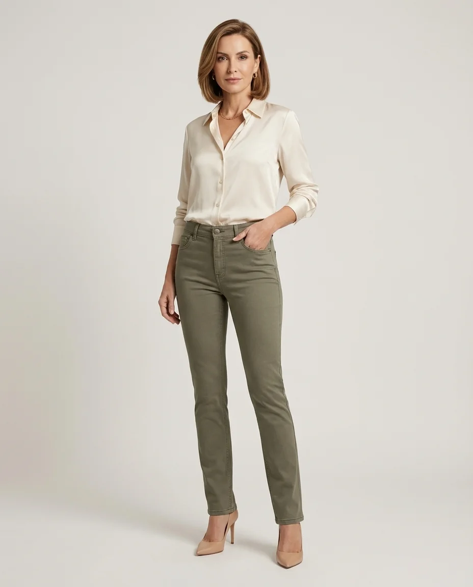 Calça Feminina Slim Pull & Bear Elegante Verde Oliva