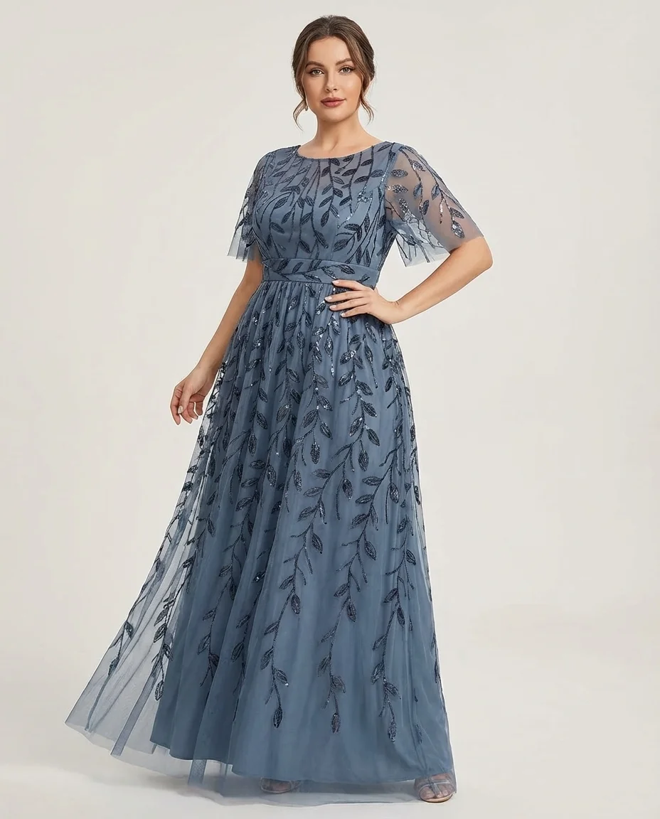 Vestido Longo de Tule com Bordados e Paetês Azul Acinzentado