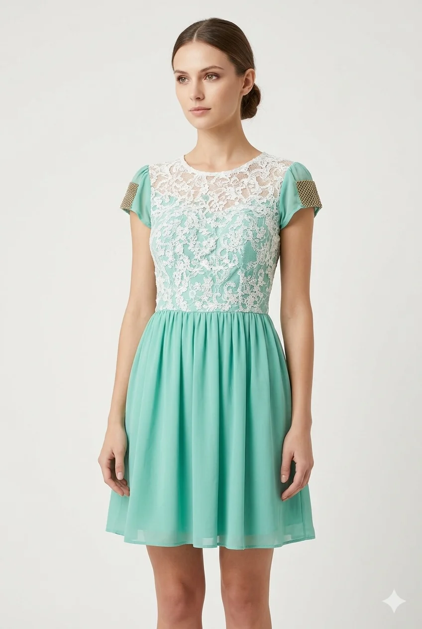 Vestido Midi Verde Menta com Renda e Detalhes Dourados