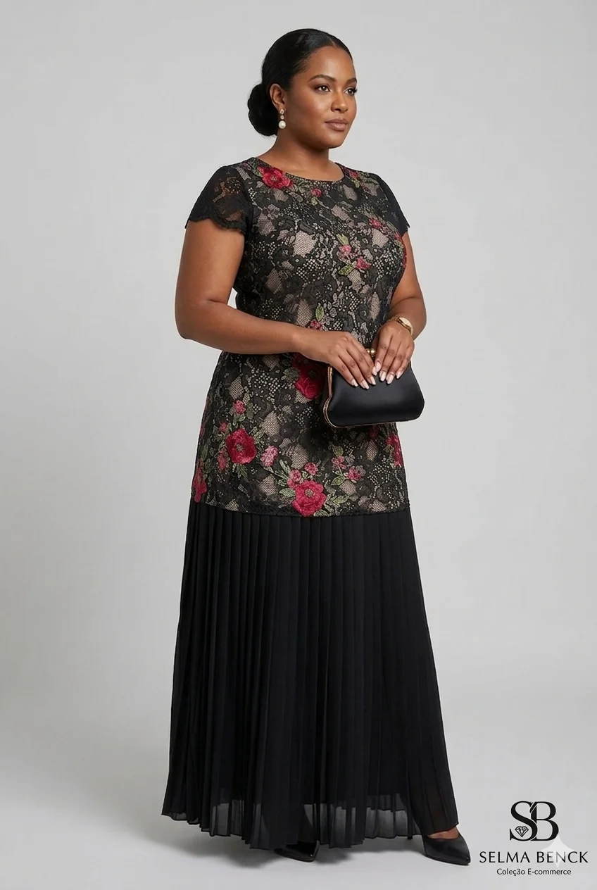 Vestido Longo Preto com Renda Floral e Saia Plissada