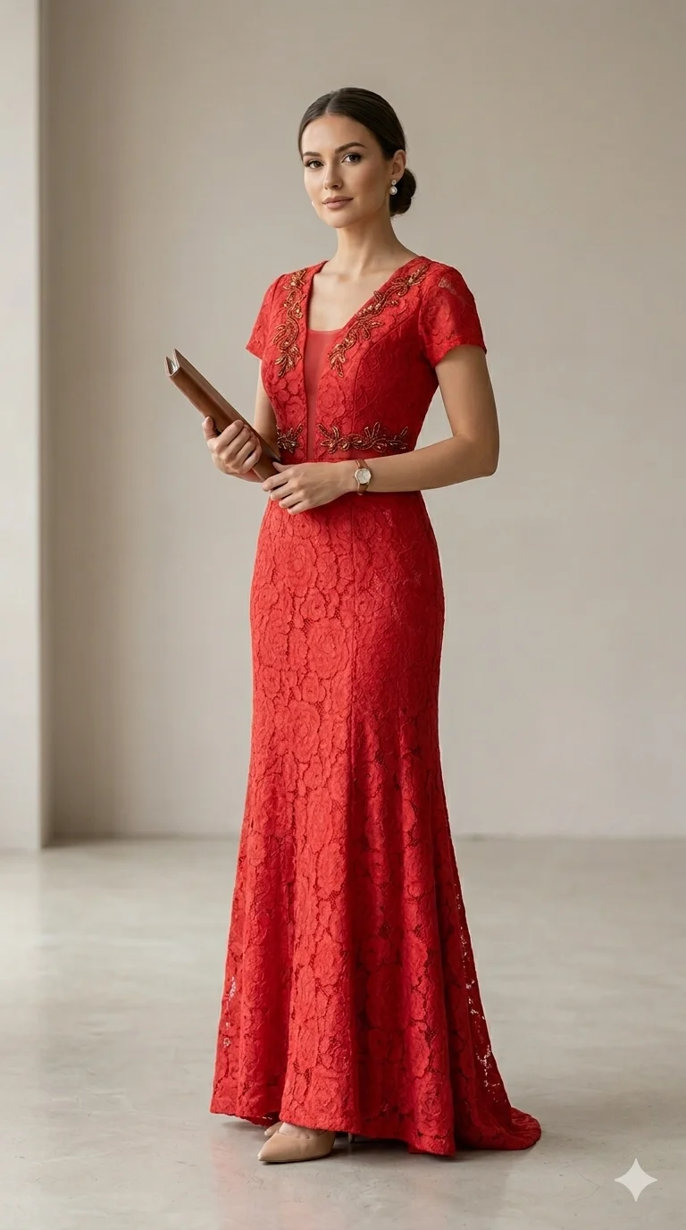 Vestido Longo Renda Floral Vermelho Via Caruso