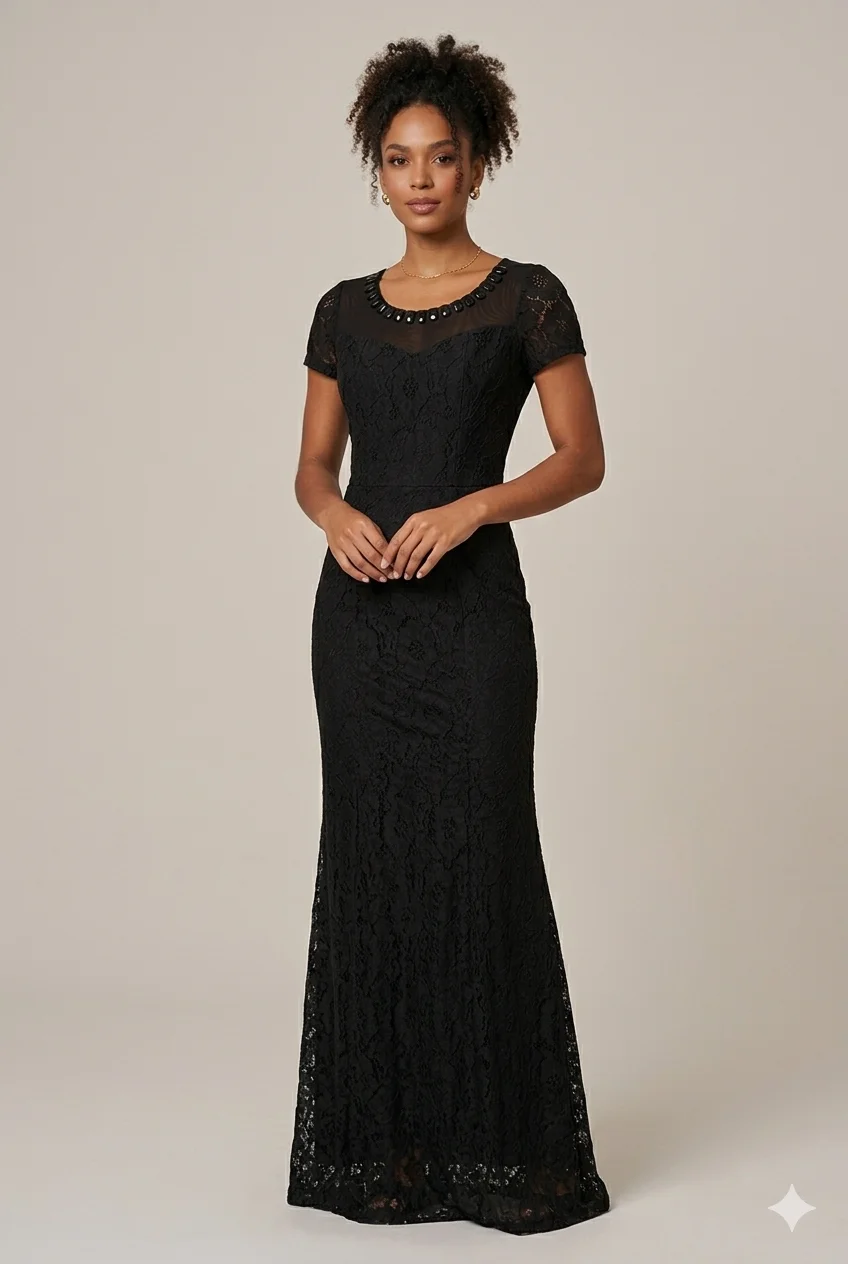 Vestido Longo Preto em Renda com Decote Embelezado