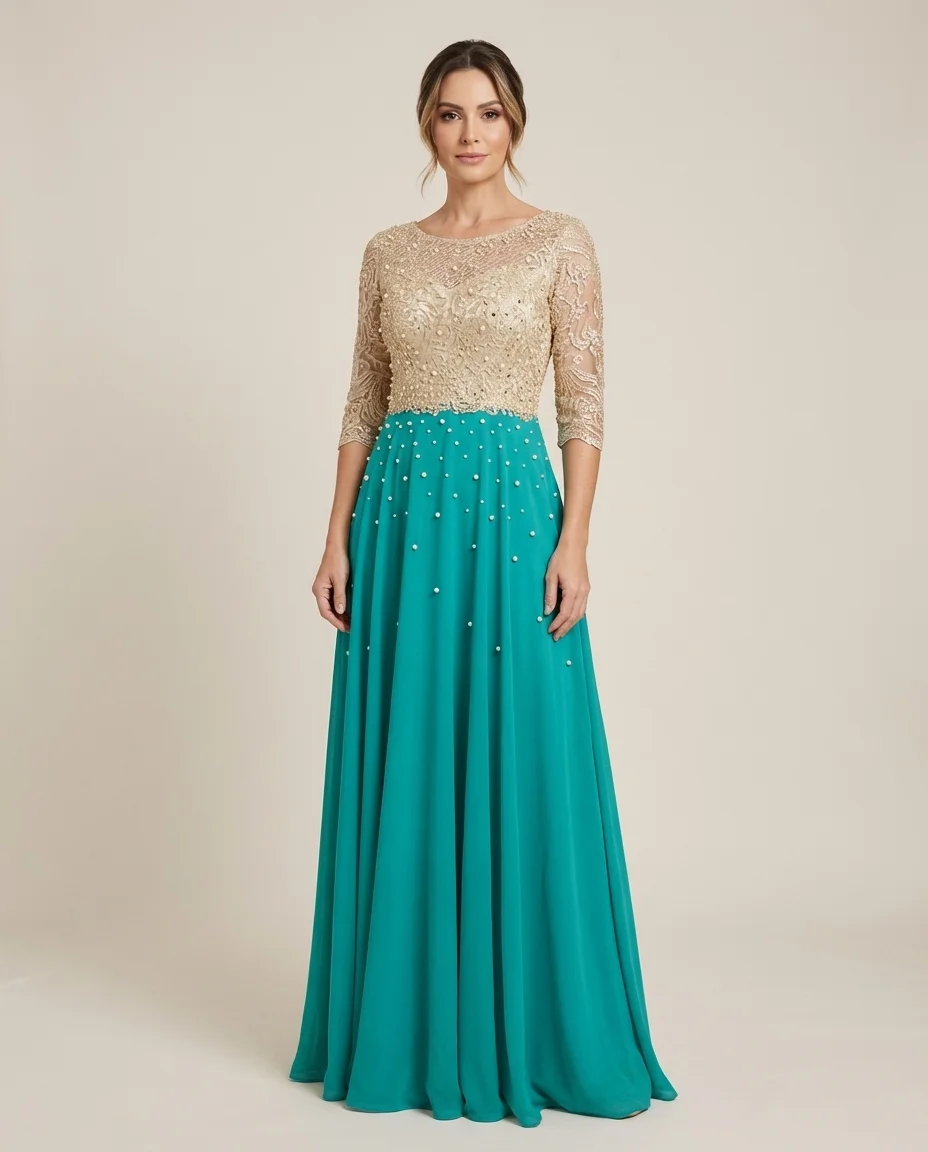 Vestido Longo Elegante com Renda, Pérolas e Saia Fluida