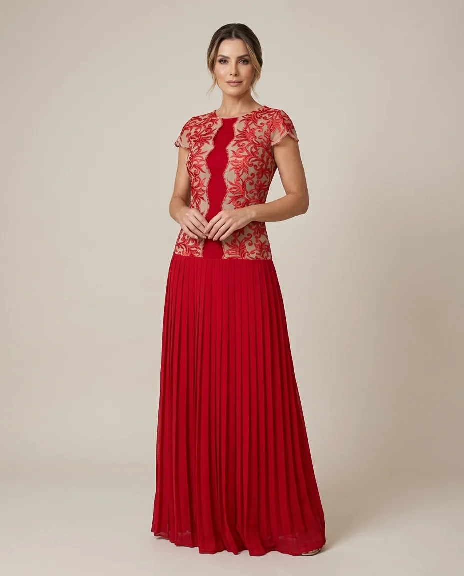 Vestido Longo Fasciniu's Vermelho com Bordado e Saia Plissada