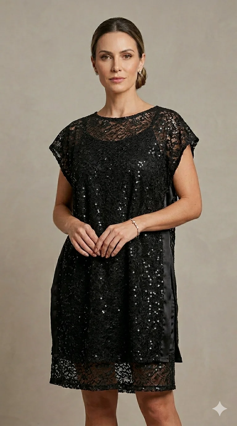 Vestido Midi Preto de Renda com Paetês - Elegância e Brilho