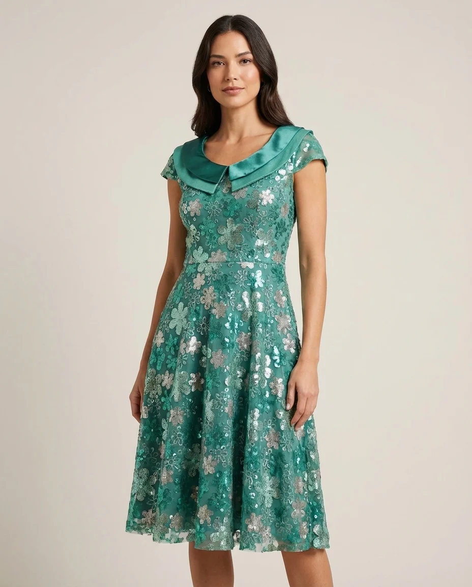 Vestido Curto de Festa com Paetês Florais e Gola Elegante