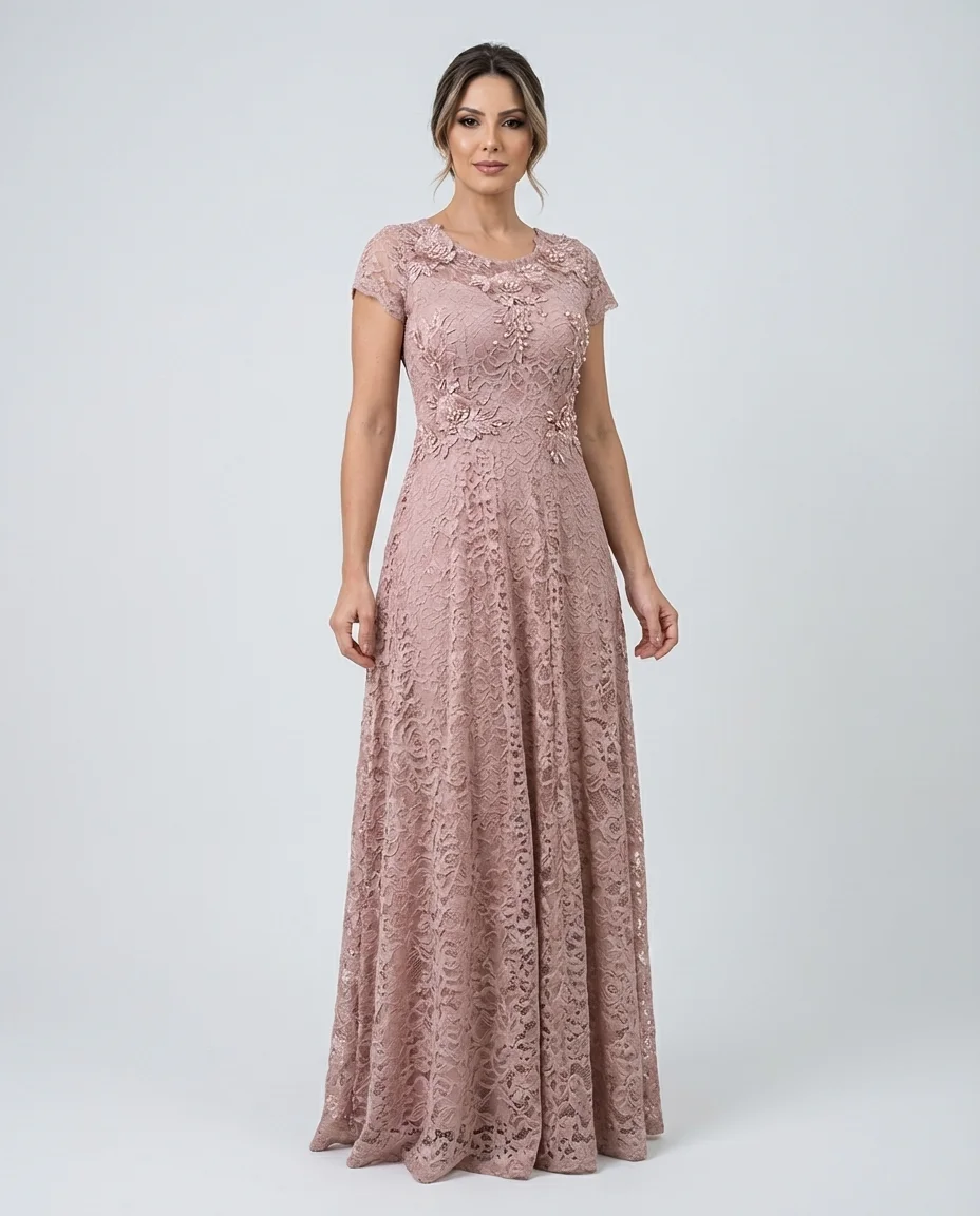 Vestido Longo Renda Facinios com Bordado e Pérolas