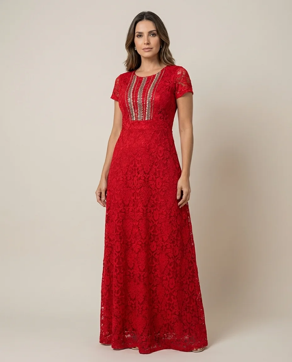 Vestido Longo Renda Facinio's com Bordado Vermelho