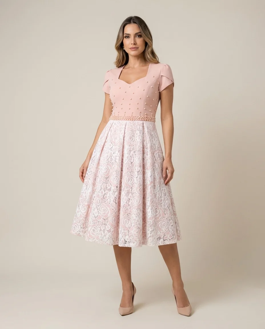 Vestido Midi Via Caruso com Renda Floral e Pérolas