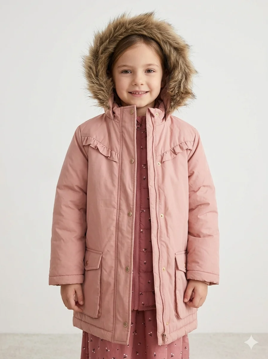 Jaqueta Puffer Infantil Rosa Nude com Capuz e Detalhe de Pelo (IMPORTADA)