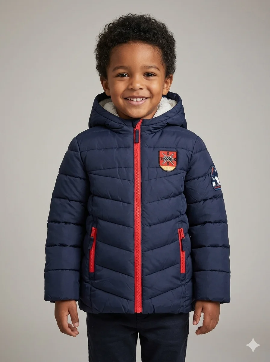 Casaco Puffer Infantil Azul Marinho com Capuz e Forro Sherpa