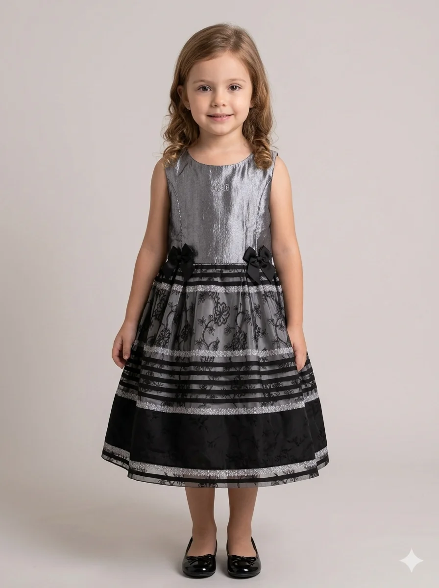 Vestido Infantil M&B Collection Elegante Cinza e Preto com Laços