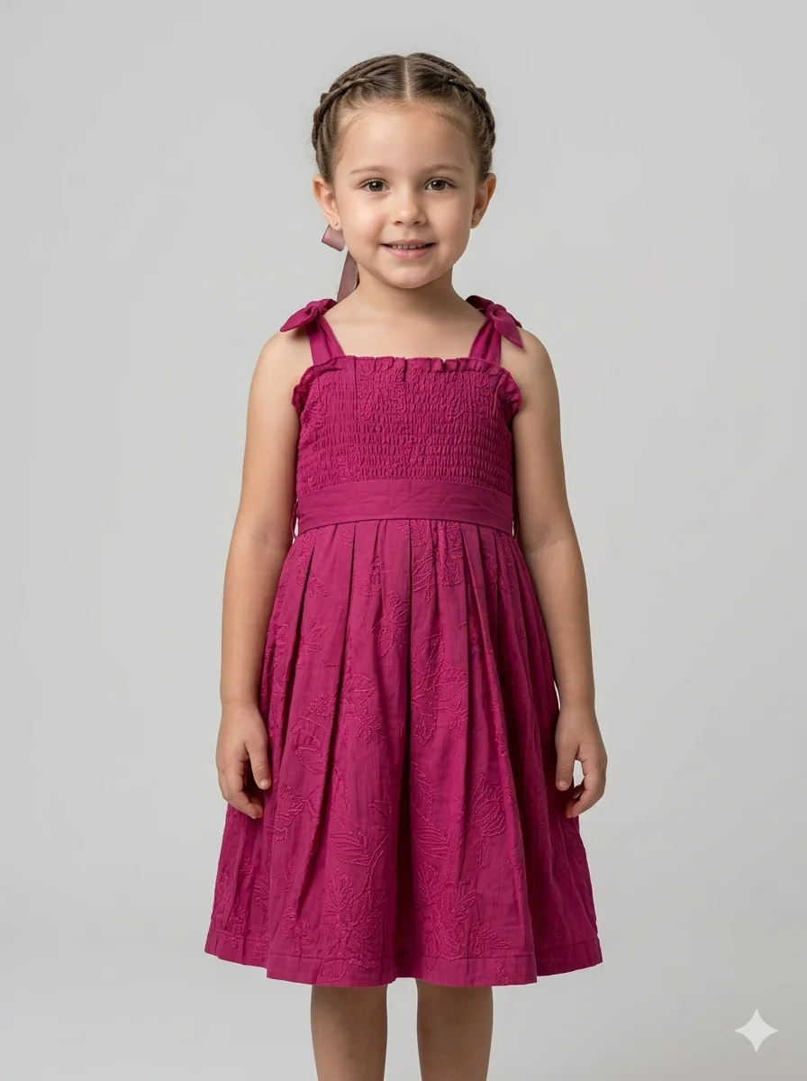 Vestido Infantil Pink Rodado com Bordados e Faixa