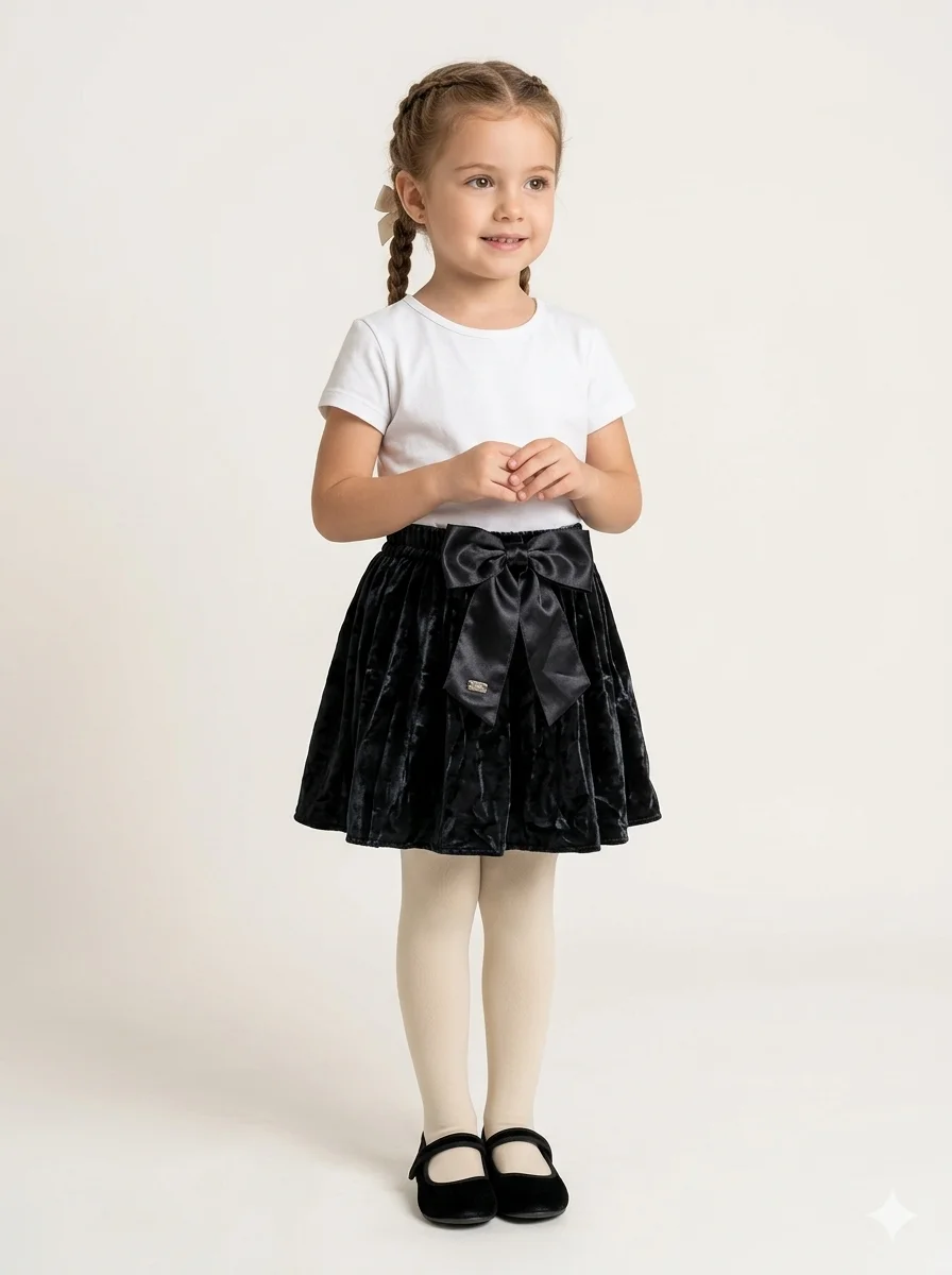 Saia Infantil Midi Veludo com Laço e Detalhe Miss