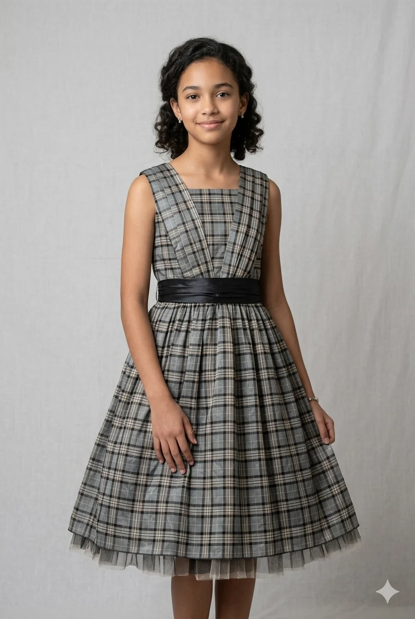 Vestido Infantil Midi Xadrez Guy Lamche Elegante com Cinto Preto