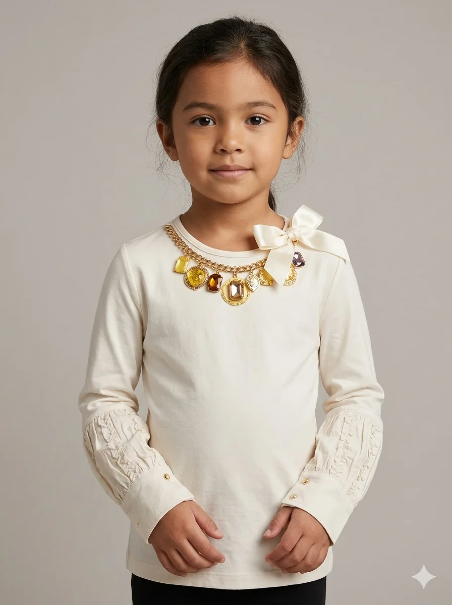 Blusa Infantil Miss Grant Off White com Estampa de Correntes Douradas
