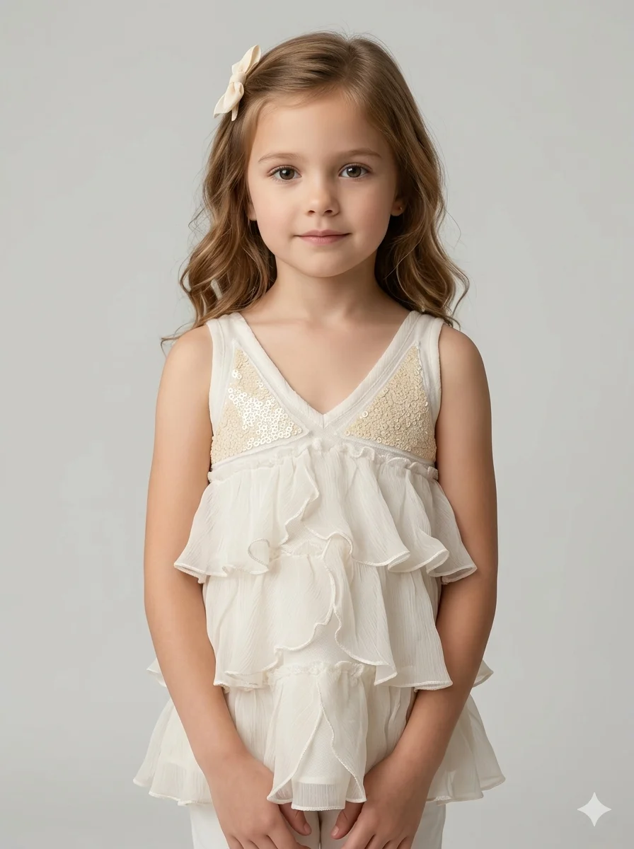 Vestido Infantil Off-White Festa 6 Anos com Camadas e Paetês