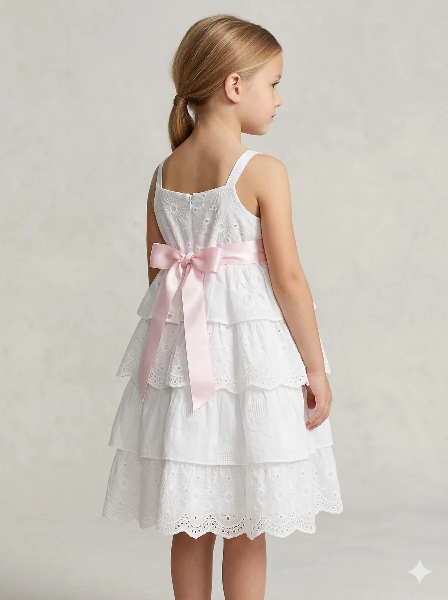 Vestido Infantil Maspet Branco de Laise com Babados e Camadas Delicadas