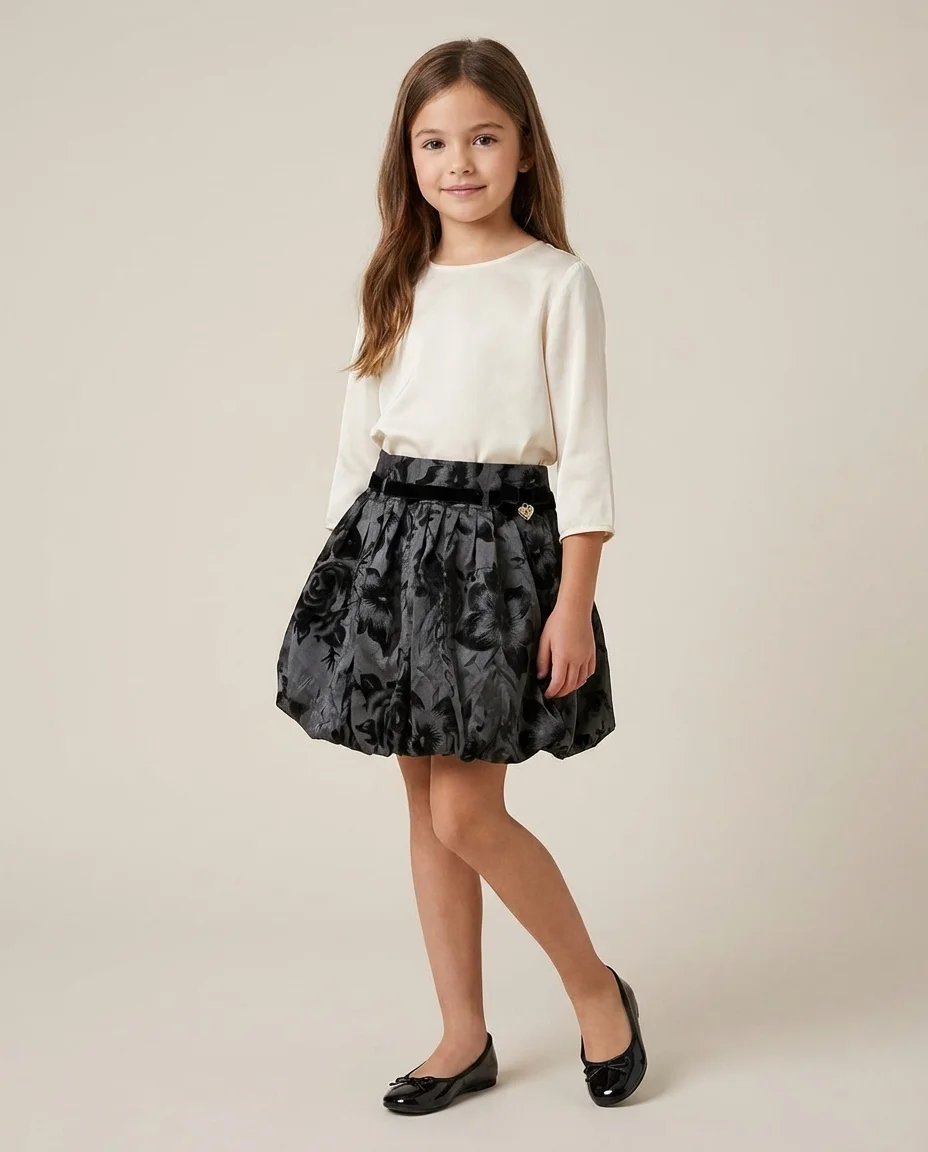 Saia Infantil Balonê Floral com Laço de Veludo
