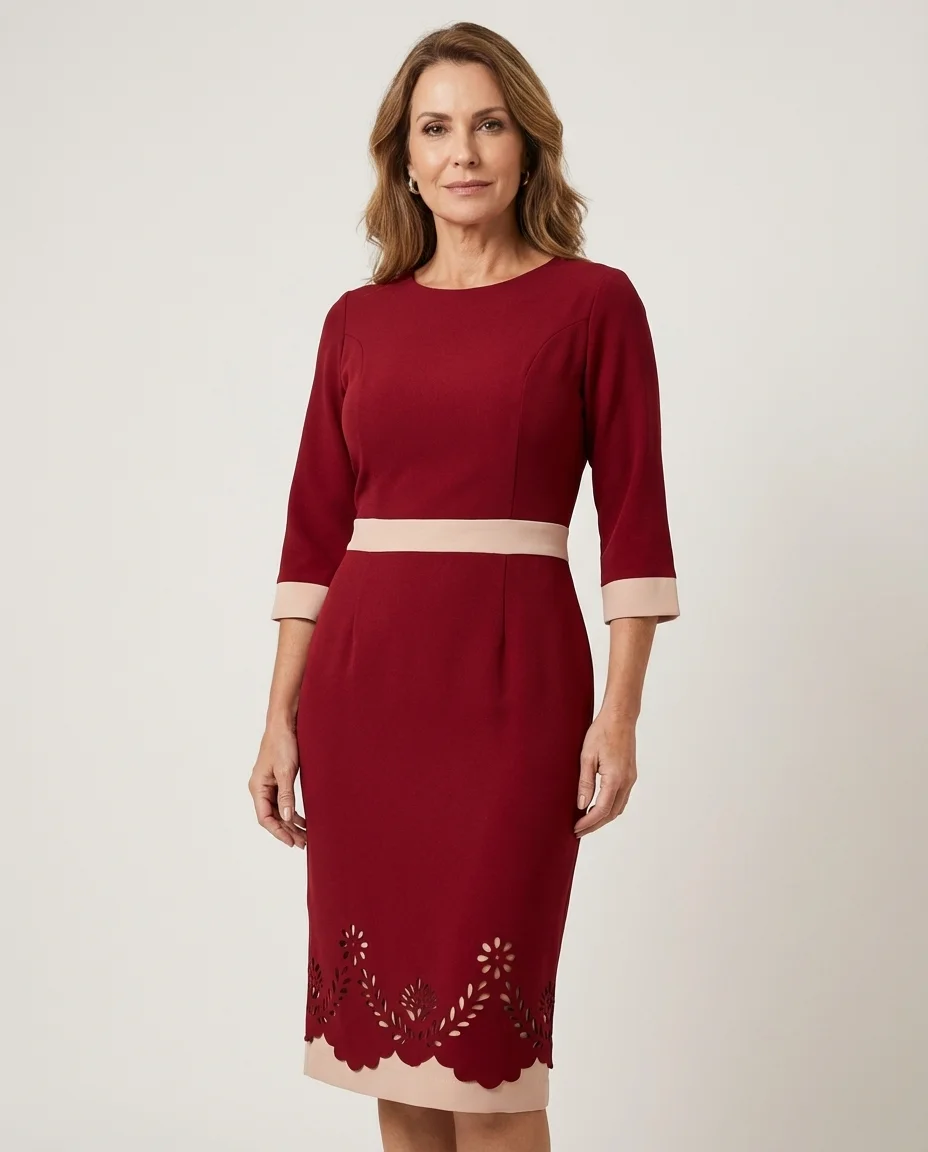 Vestido Via Caruso Midi Crepe Suíço Marsala com Detalhes Nude