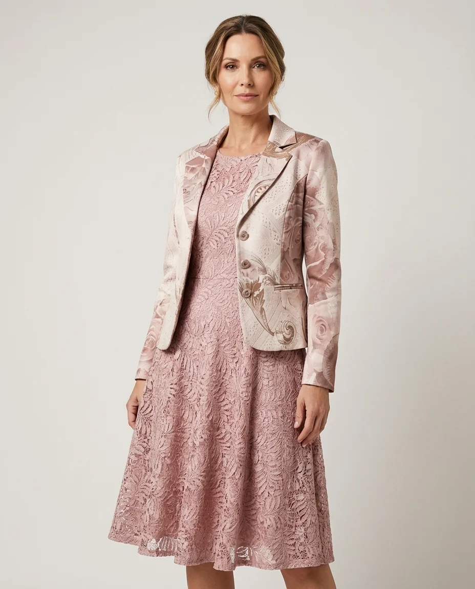 Conjunto Fasciniu's Vestido Renda e Blazer Floral Rosa Antigo