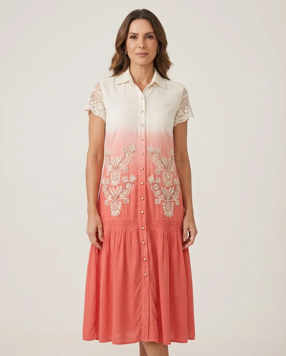 Vestido Chemise Fasciniu's c/ Viscose Degradê com Bordados Florais e Renda