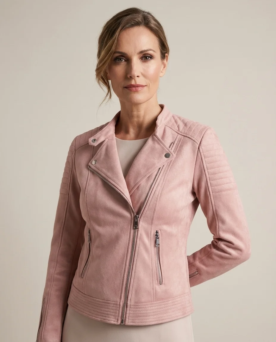 Jaqueta de Suede com Zíperes Rosa