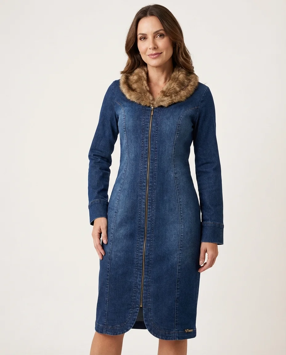 Vestido Jeans Midi com Gola de Pelo Via Tolentino