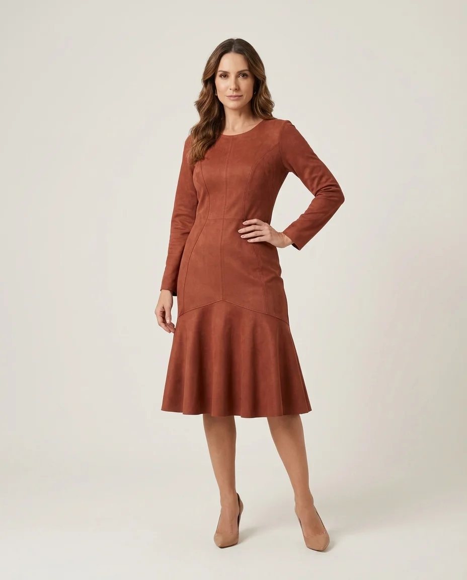 Vestido Suede com Babado na Barra Via Tolentino