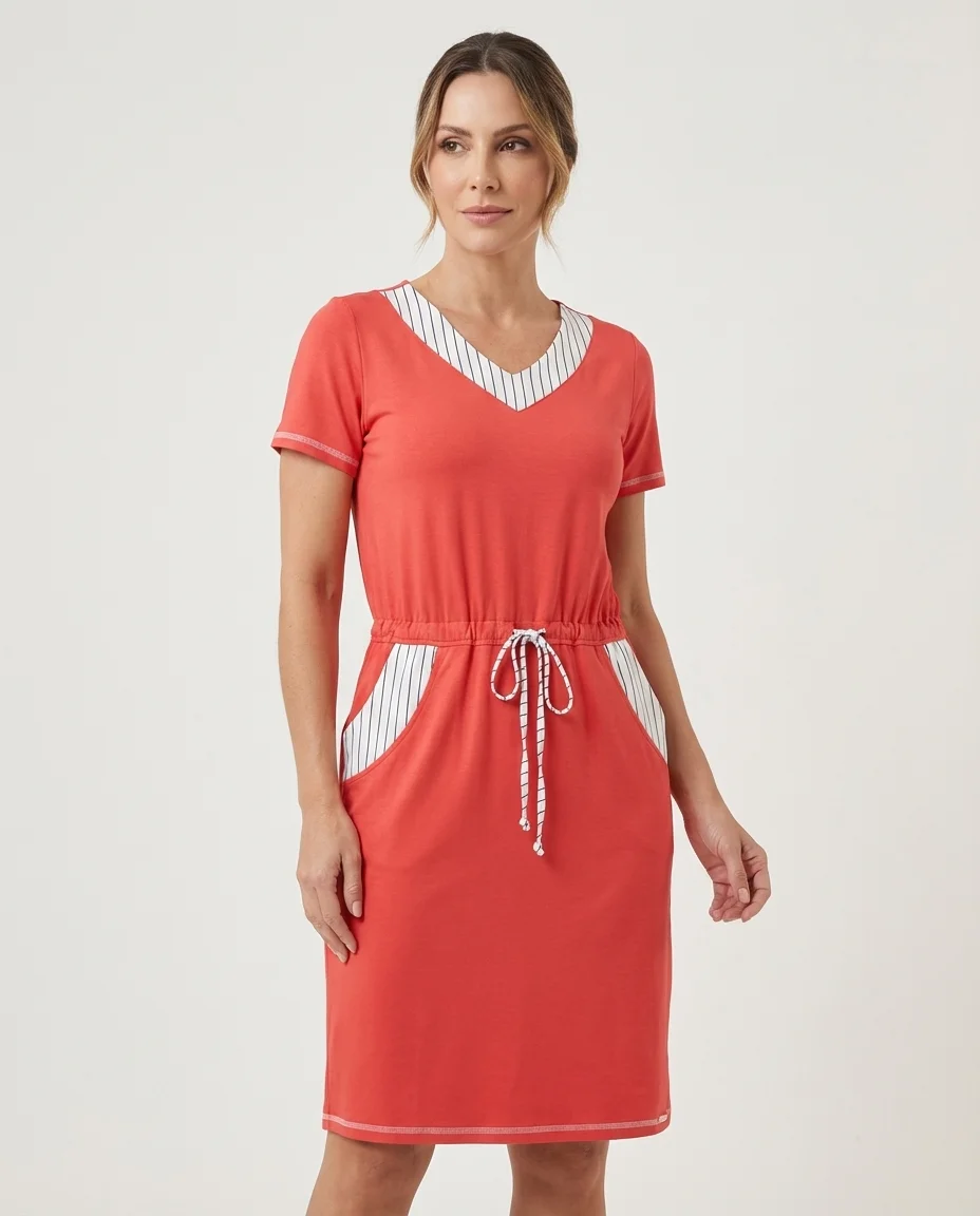 Vestido Esportivo Hadaza com Detalhes Listrados Vermelho Coral