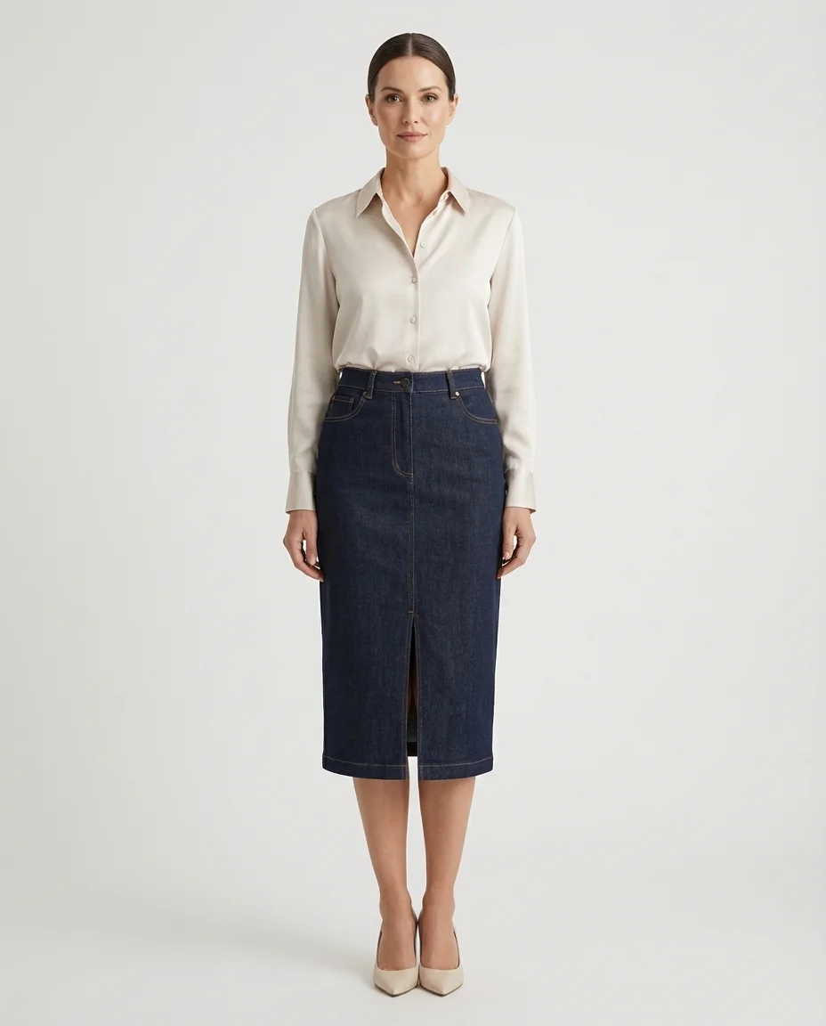 Saia Jeans Midi Reta Via Tolentino Azul Escuro