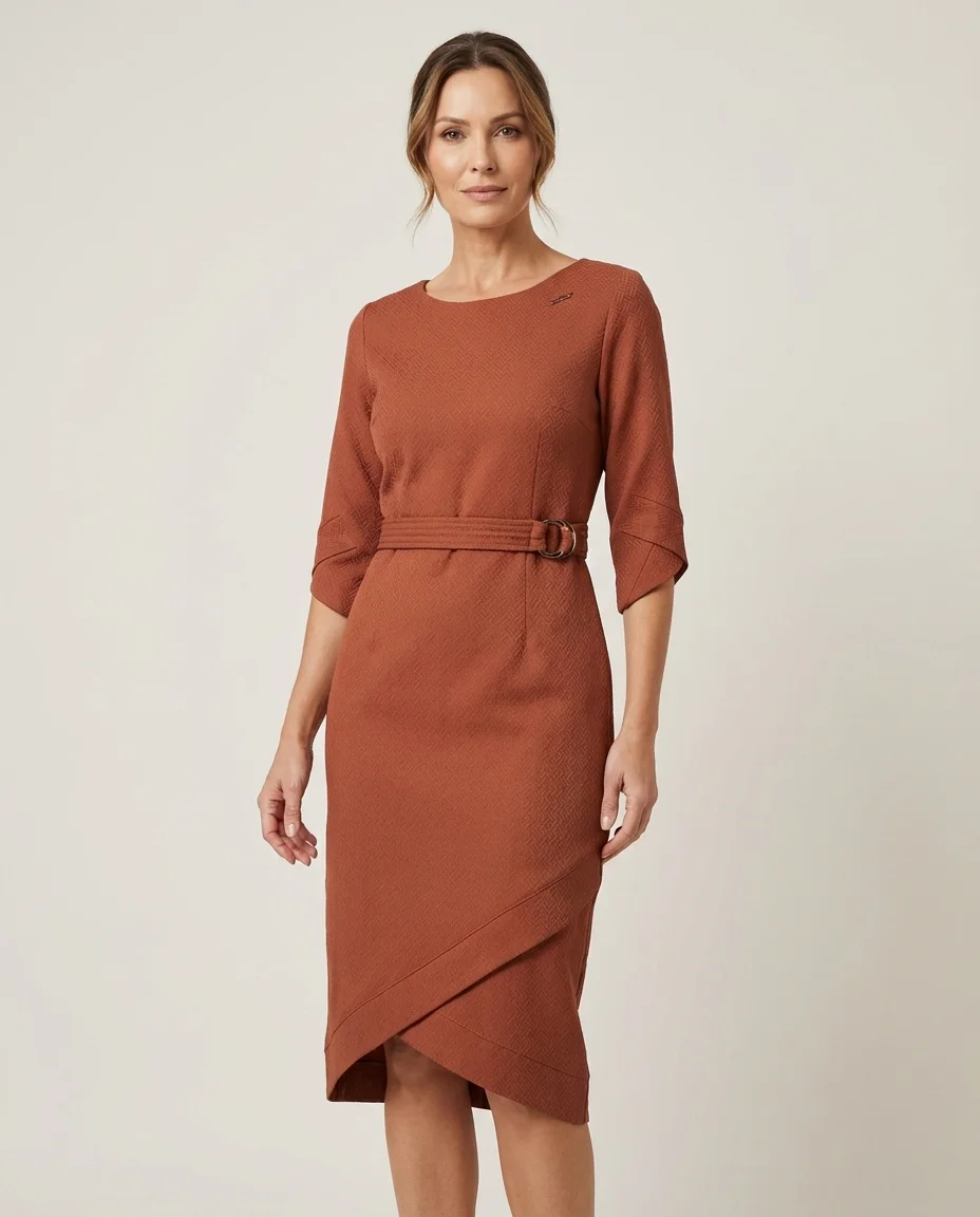 Vestido Justo com Barra Assimétrica Terracota