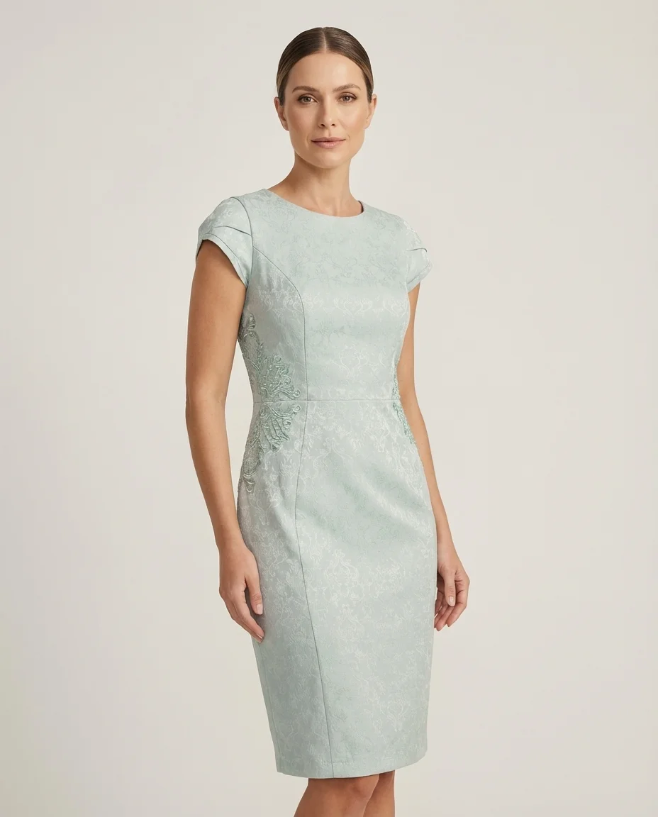 Vestido de Festa Jacquard Verde Menta com Bordados