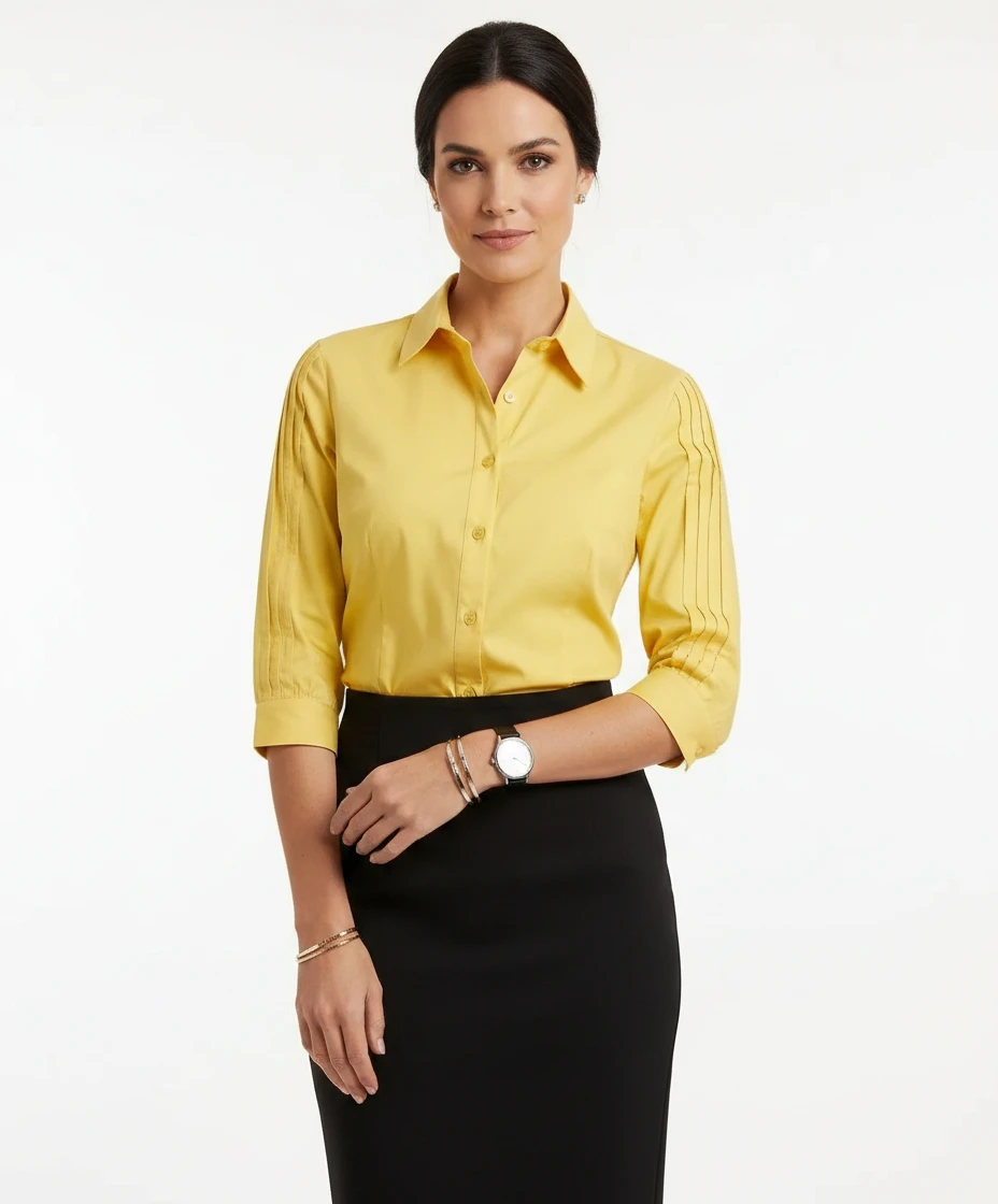 Camisa Amarela Via Tolentino com Mangas Pregueadas