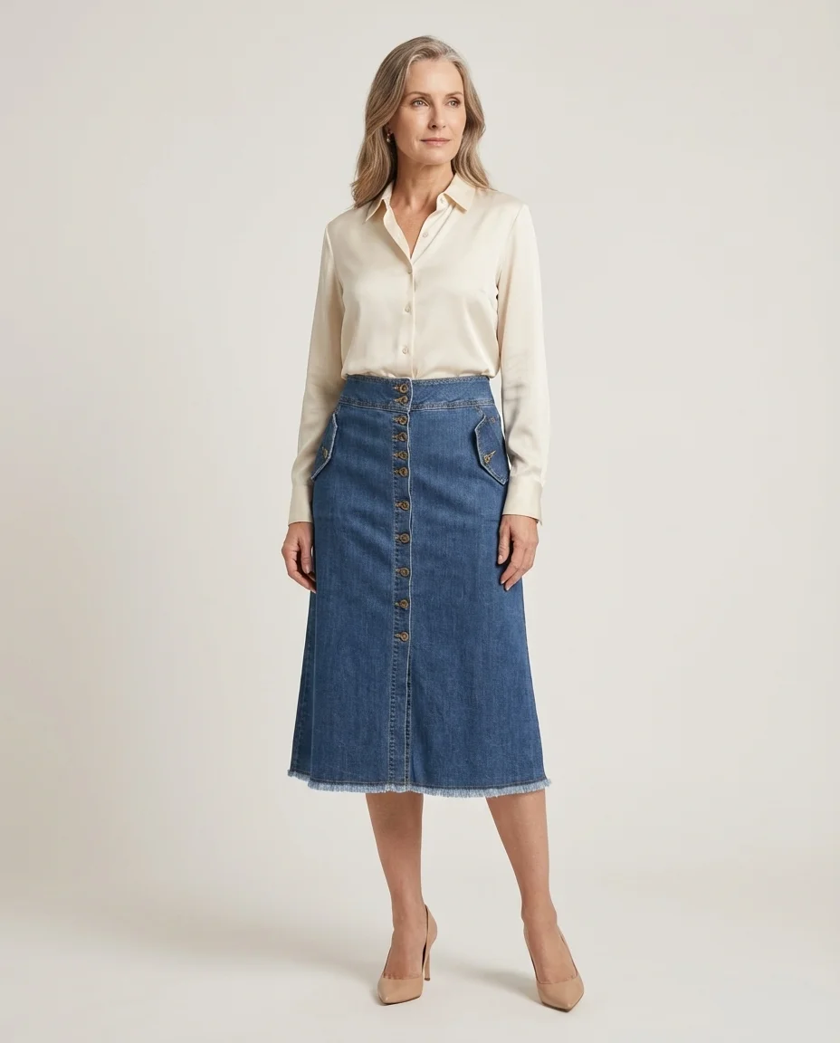 Saia Jeans Midi com Botões Frontais Via Tolentino