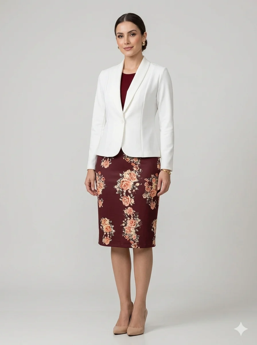 Conjunto 3 Peças Blazer Off White e Saia Floral Marsala