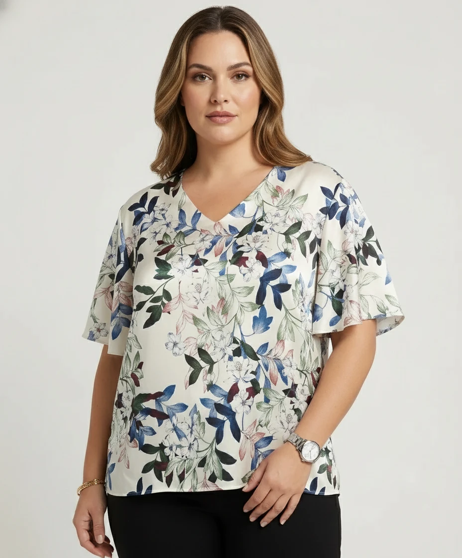Blusa Acetinada com Estampa Floral e Mangas Volantes