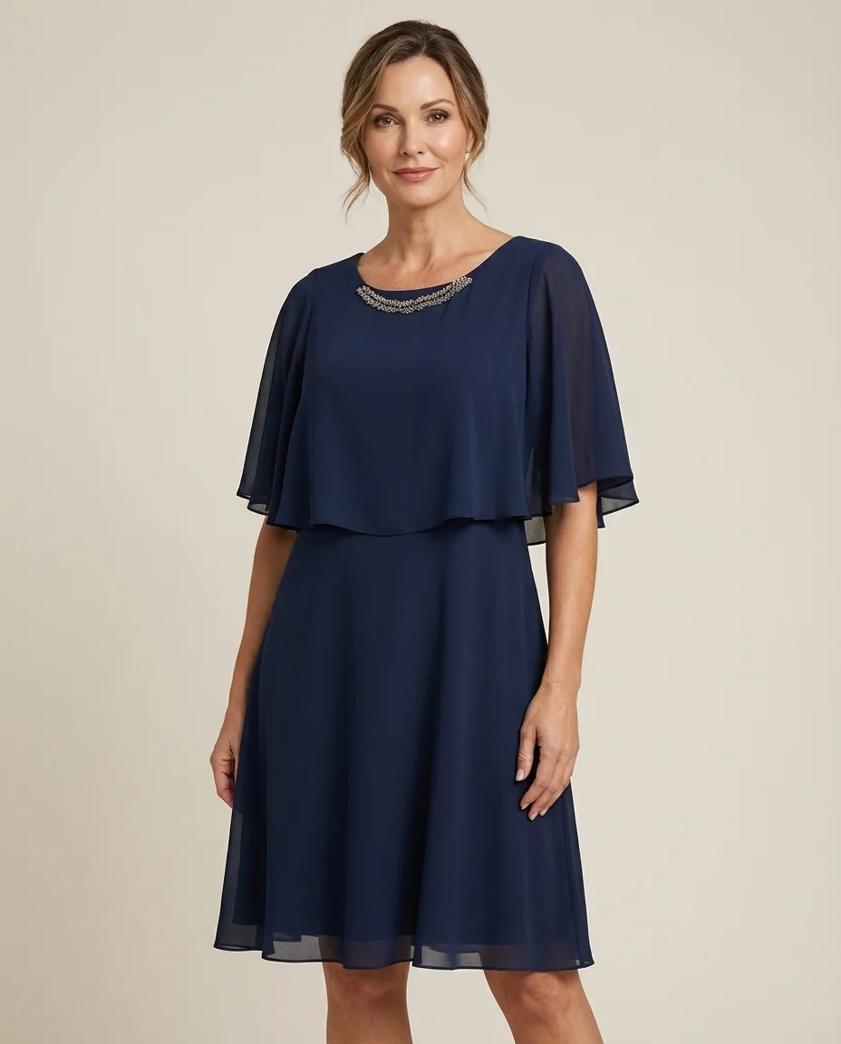 Vestido Elegante Efeito Capa Azul Marinho