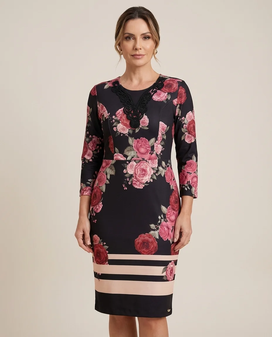 Vestido Midi Floral com Detalhe no Decote Via Tolentino