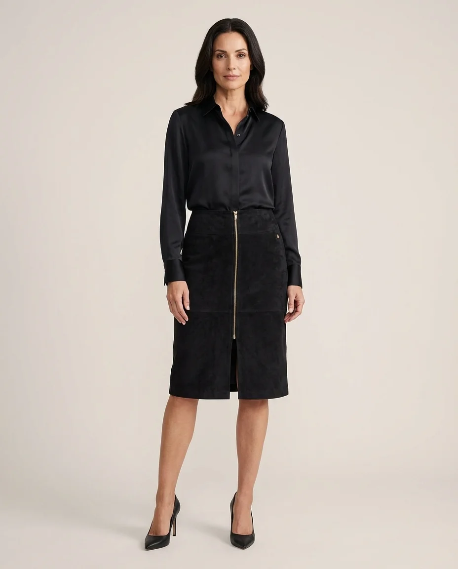 Saia Midi Suede com Zíper Frontal Preto
