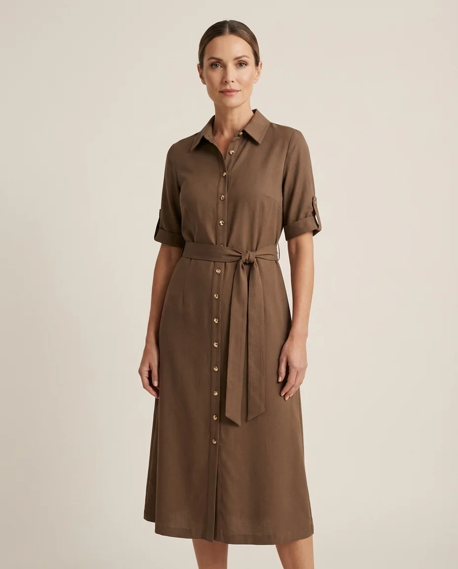 Vestido Neia Chemise com Faixa Marrom