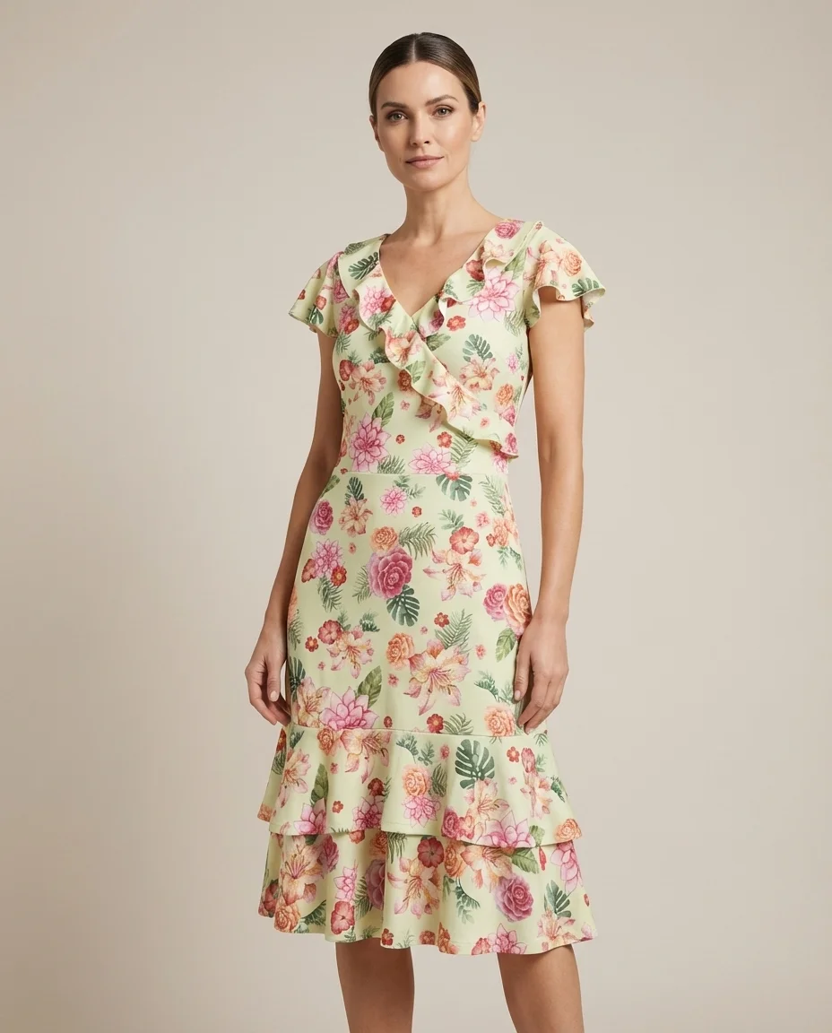 Vestido Midi Floral Romântico com Babados Viak