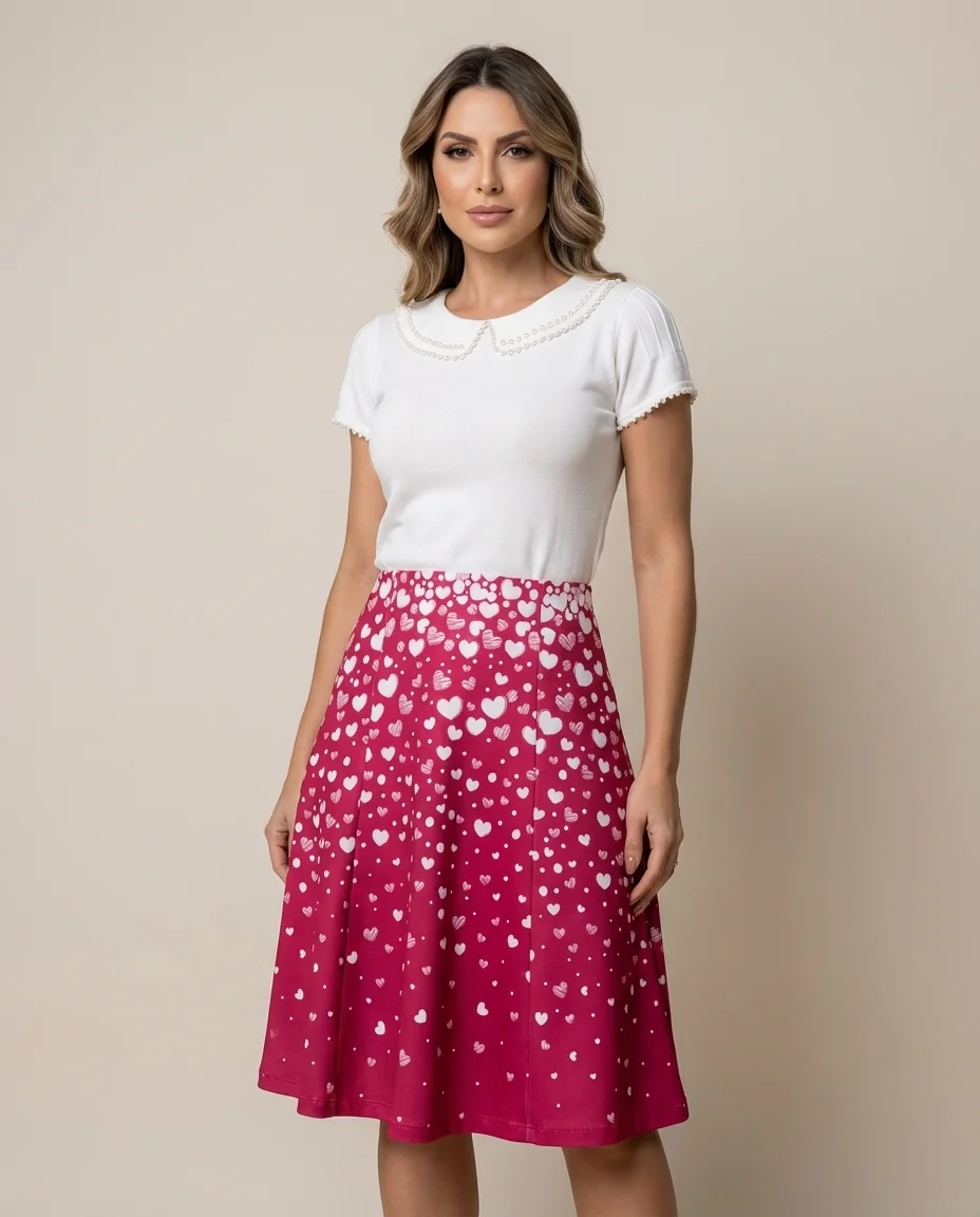 Conjunto Teen Blusa com Pérolas e Saia Corações Marian
