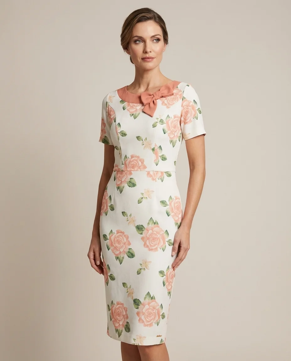 Vestido Tubinho Floral Rosas com Laço Via Caruso