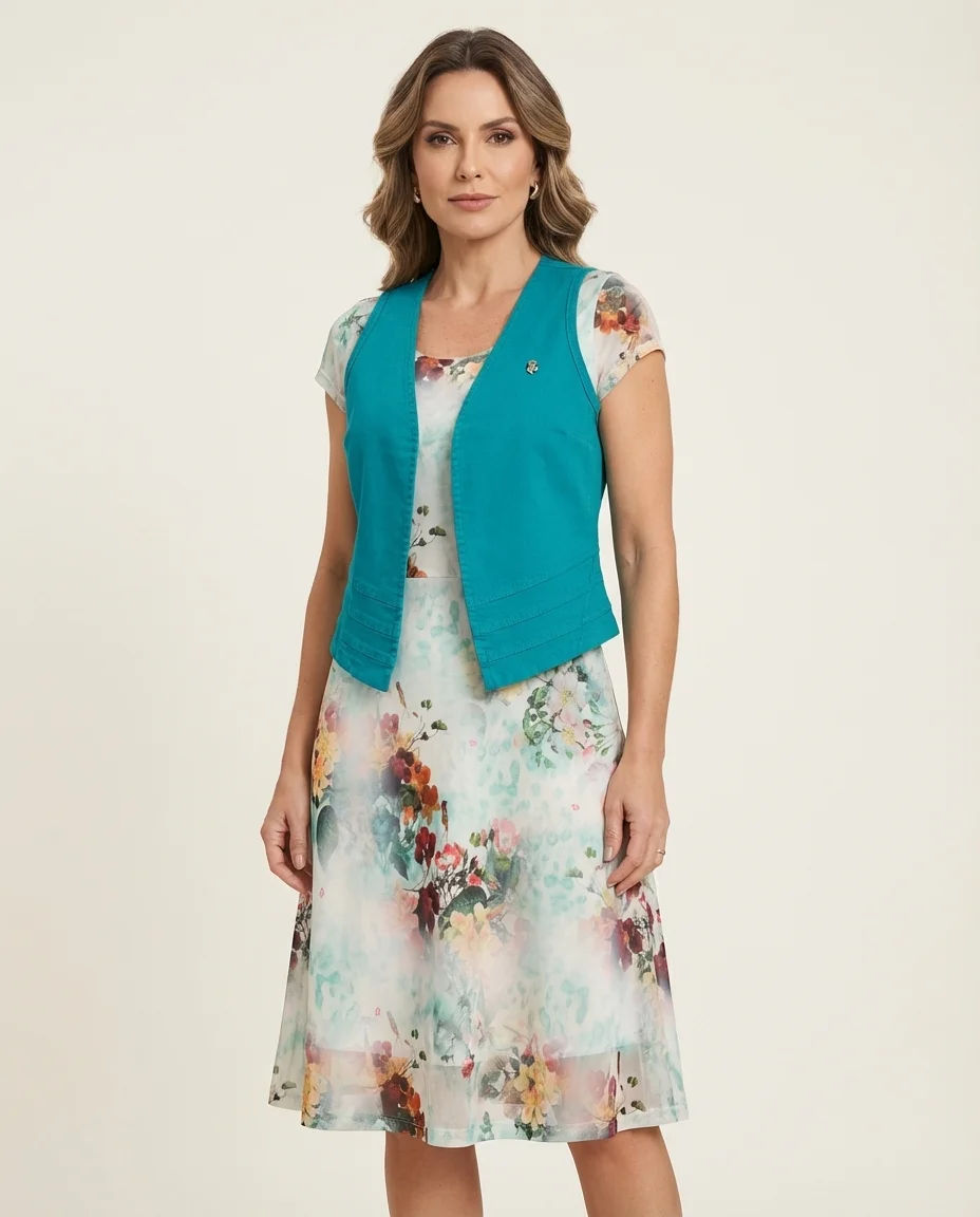 Conjunto Vestido Floral com Colete Via Tolentino