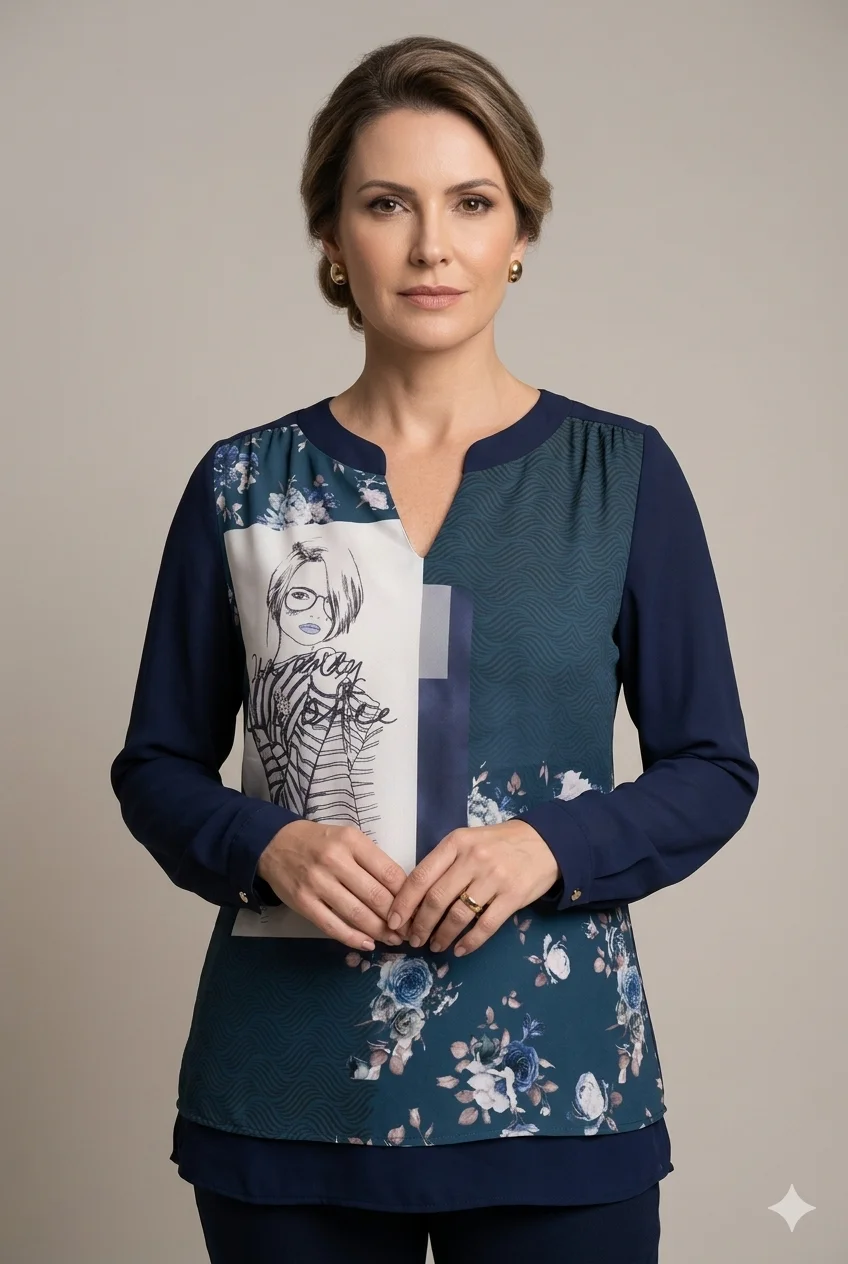 Blusa Nayat Estampada Enjoy Azul Marinho