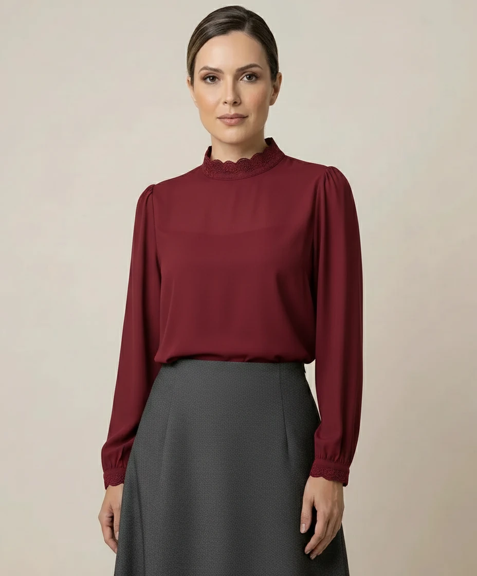 Blusa Gola Alta Marsala com Babados Via Tolentino