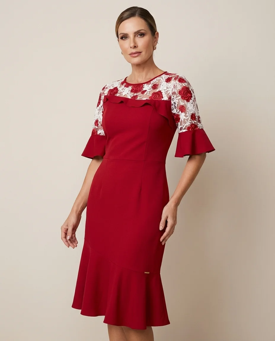 Vestido Midi Vermelho com Renda Floral Via Caruso