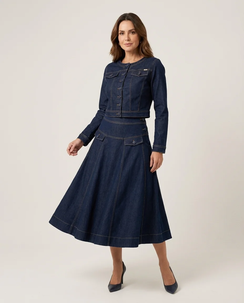 Conjunto Jeans Via Tolentino Saia e Jaqueta